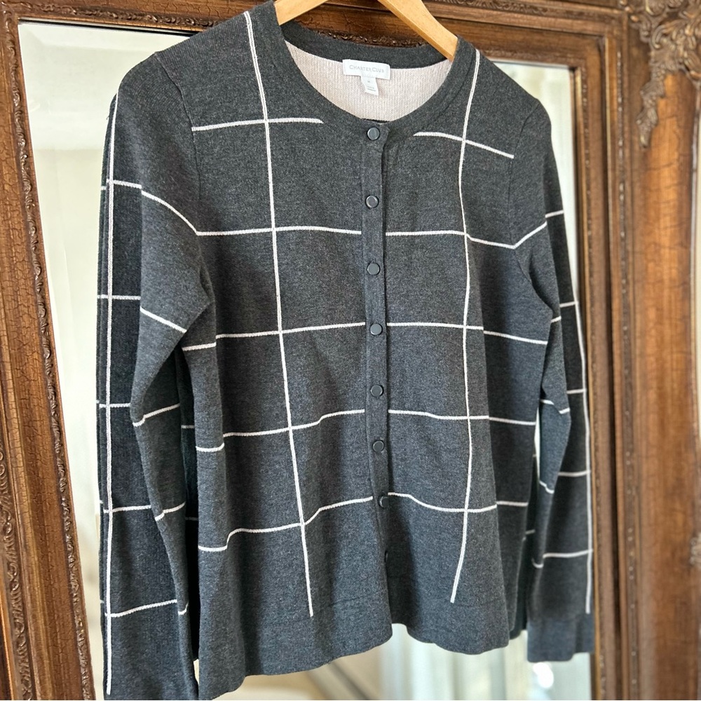 Charter Club Women's Windowpane Button Up Long Sleeve Cardigan Sweater Medium - Picture 1 of 8